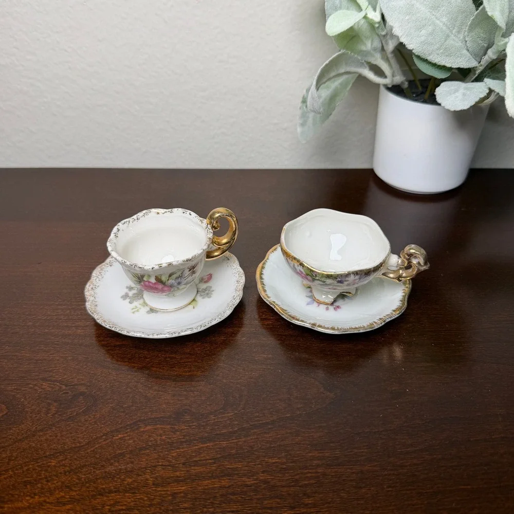 Vintage Enesco Miniature Floral Porcelain‎ Teacup and Saucer Set of 2 Japan Gold